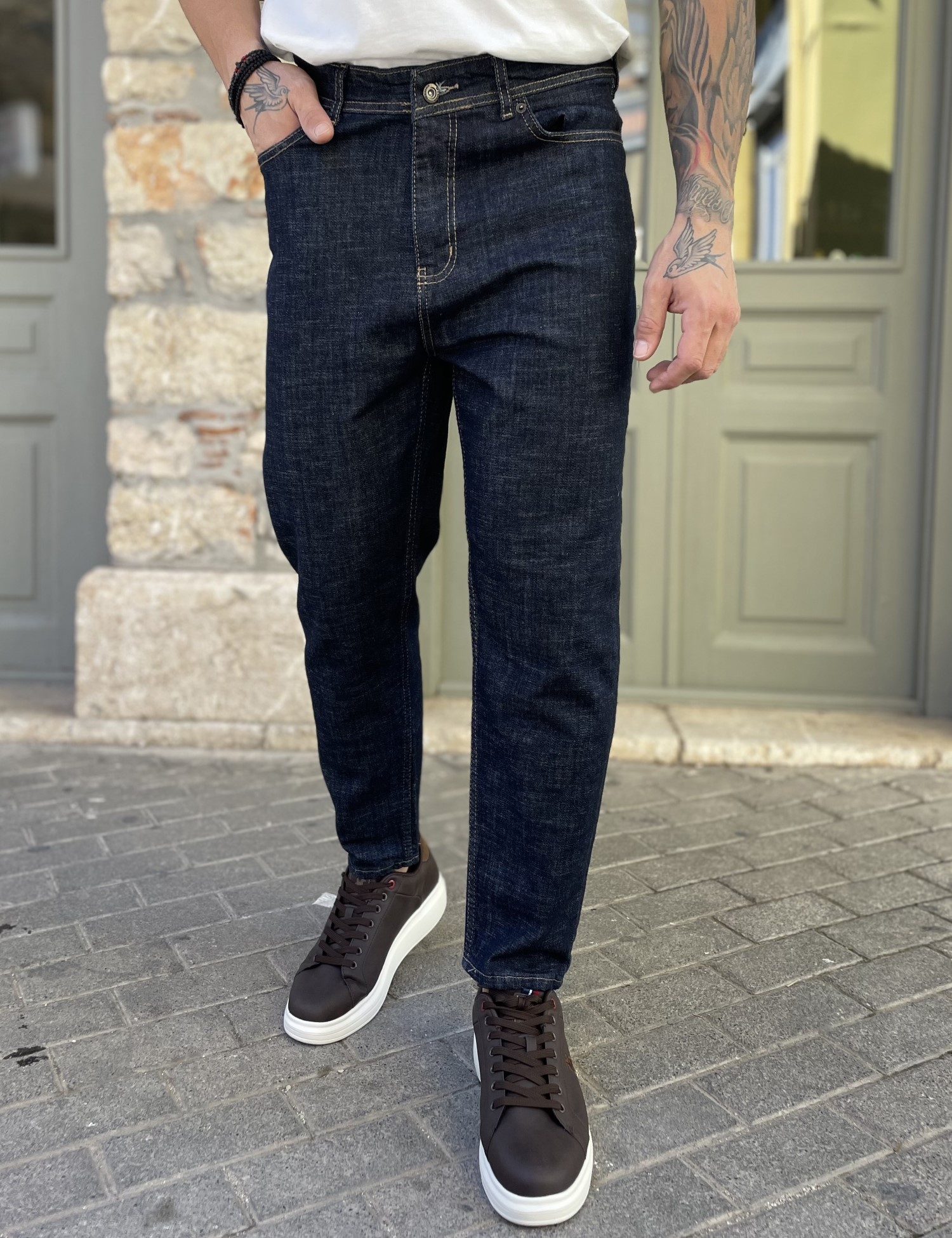 G8 Ανδρικό σκούρο μπλε ελαστικό loose τζιν πεντάτσεπο με φερμουάρ G88104